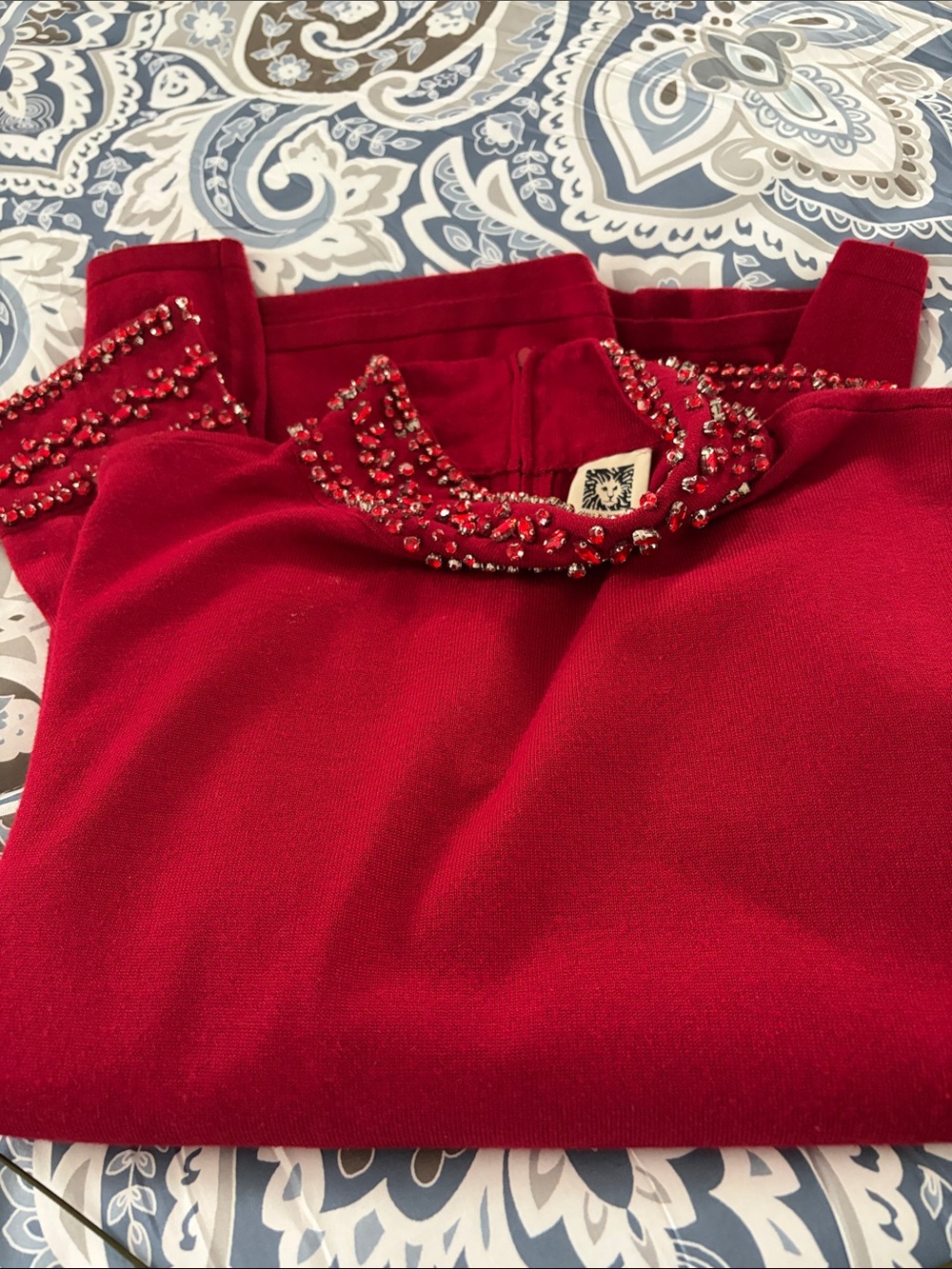 Anne Klein Red Embellished Cowl Sweater